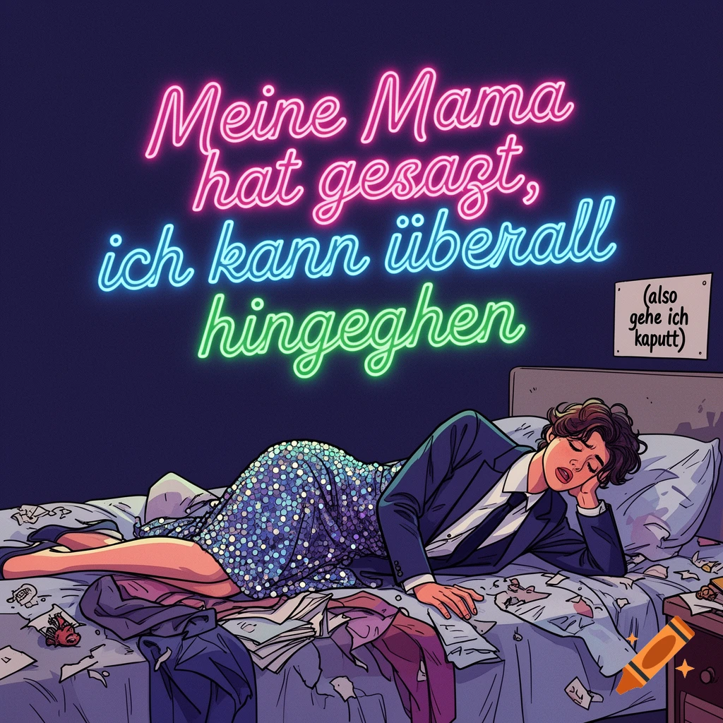 Stylized illustration of an exhausted person in a sequin dress and suit jacket sprawled on a messy bed under neon text.