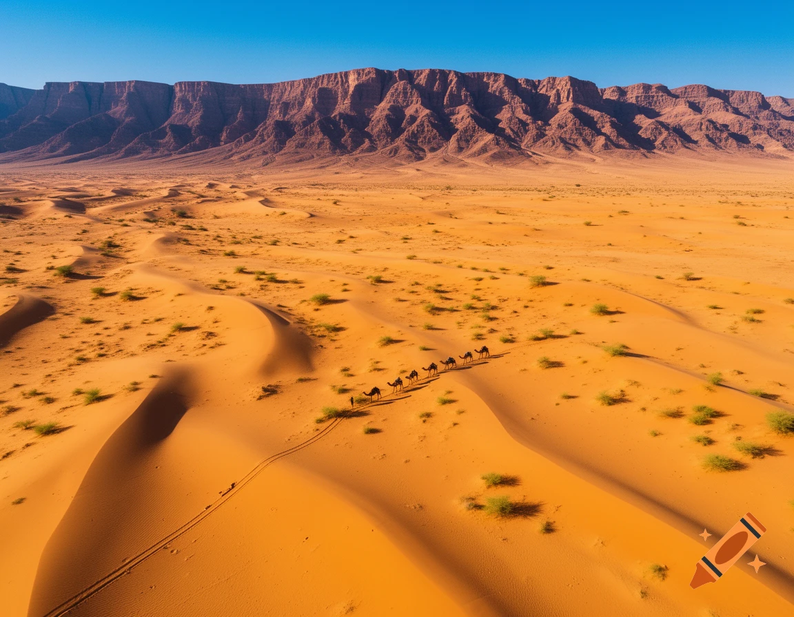 Aerial view of a camel caravan trekking across vast orange sand dunes, with a rugged, layered mountain range under a clear blue sky.