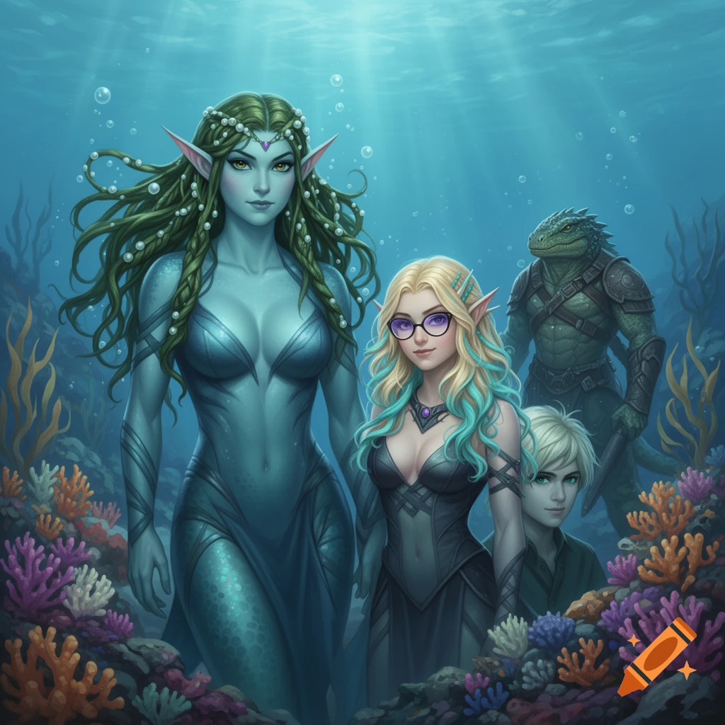 A sea elf, a half-elf with glasses, a young boy, and a lizardfolk warrior stand underwater amid colorful coral in a vibrant fantasy art style.