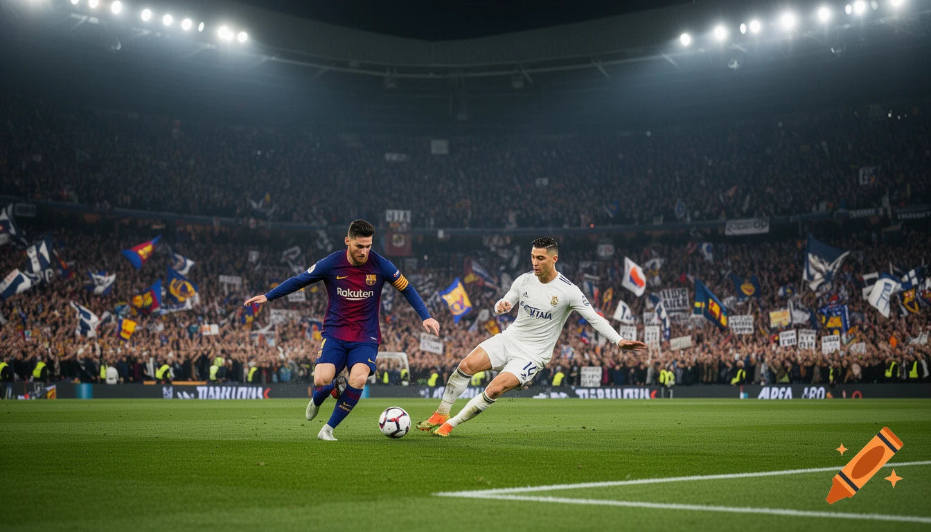 Two football players, resembling Messi and Ronaldo, dribble a ball on a green field in a packed stadium during a night match with cheering fans.