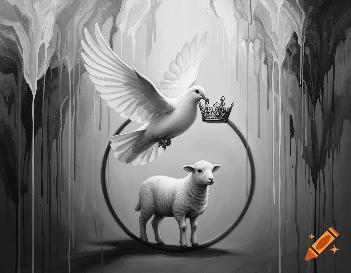 Monochrome art of a white dove holding a crown above a lamb within a circle, with paint dripping in the background.