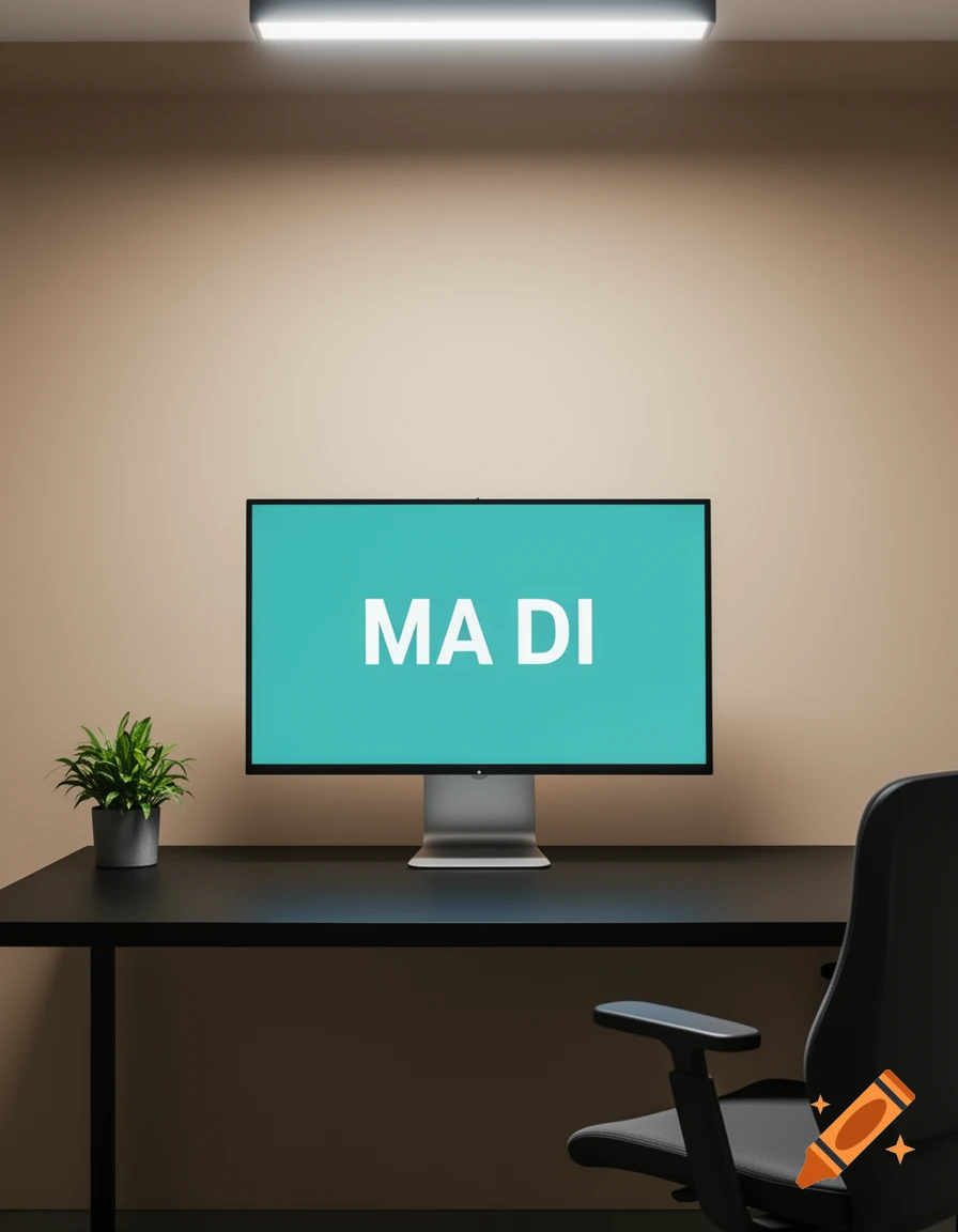 A minimalist office desk with a large monitor displaying "MA DI", a potted plant, and a partial view of an office chair.