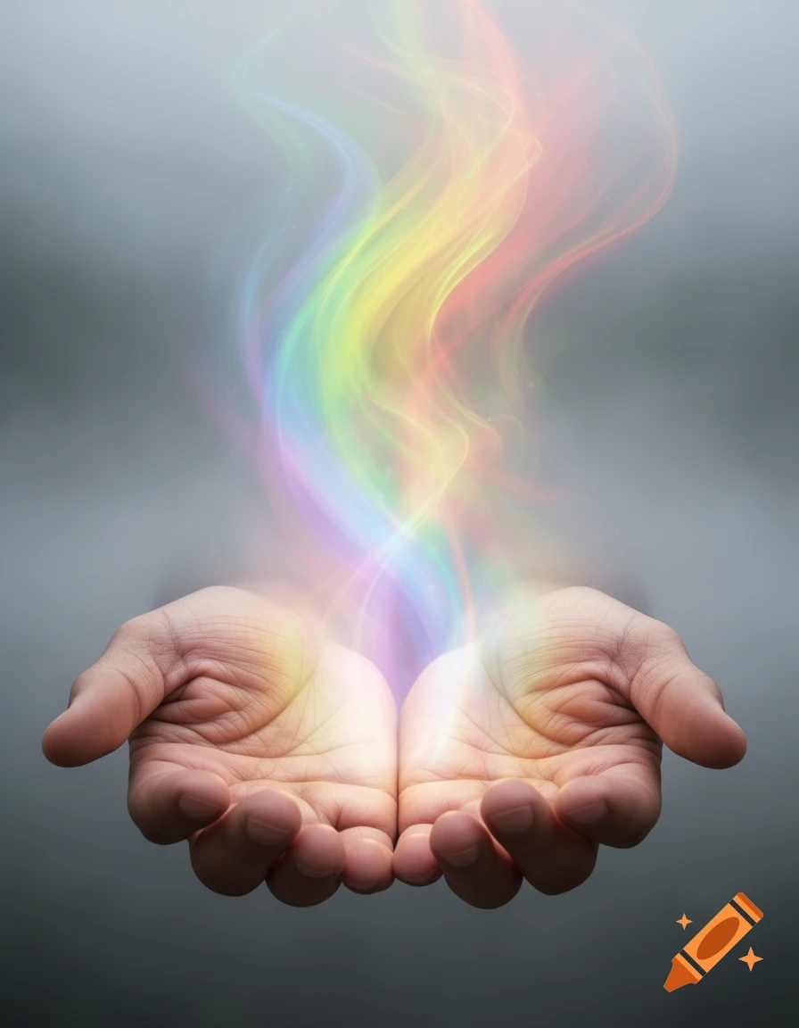 Cupped hands emitting ethereal, rainbow-colored light against a soft gray background.