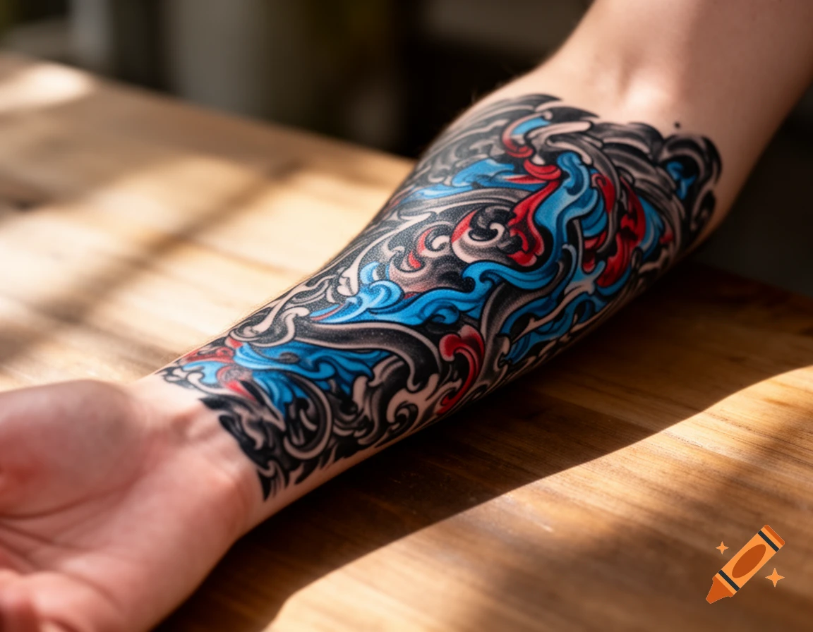 Close-up of a forearm with a colorful, intricate tattoo featuring black, blue, and red swirling patterns, resting on a wooden table.