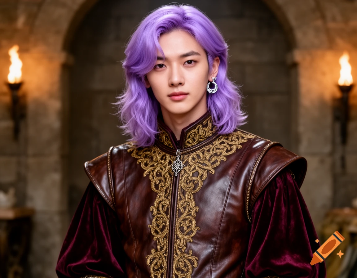 A young person with shoulder-length purple hair and an earring, in ornate medieval attire, stands in a torch-lit stone castle hall.