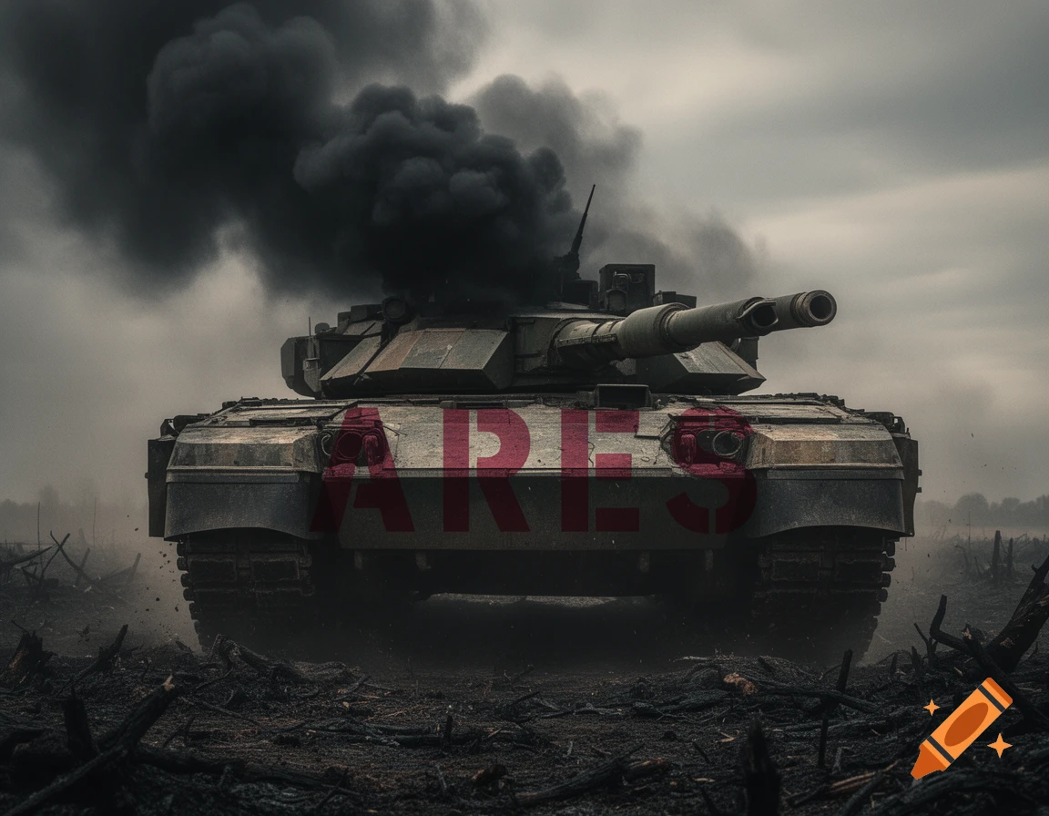 A military tank, with 'ARES' on its front, emits thick black smoke in a desolate, cloudy landscape.