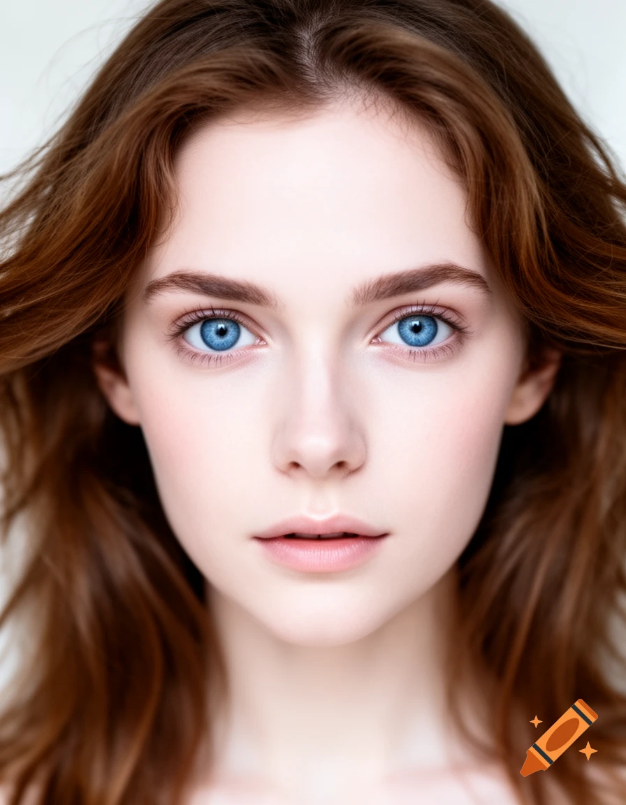 A close-up photorealistic portrait of a young woman with long brown hair and striking blue eyes.