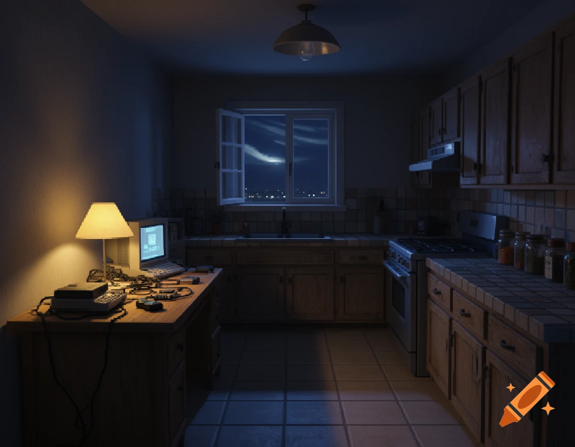 A dimly lit 2000s-style kitchen at midnight with a desk and an old computer on the left, resembling a 3D computer game.
