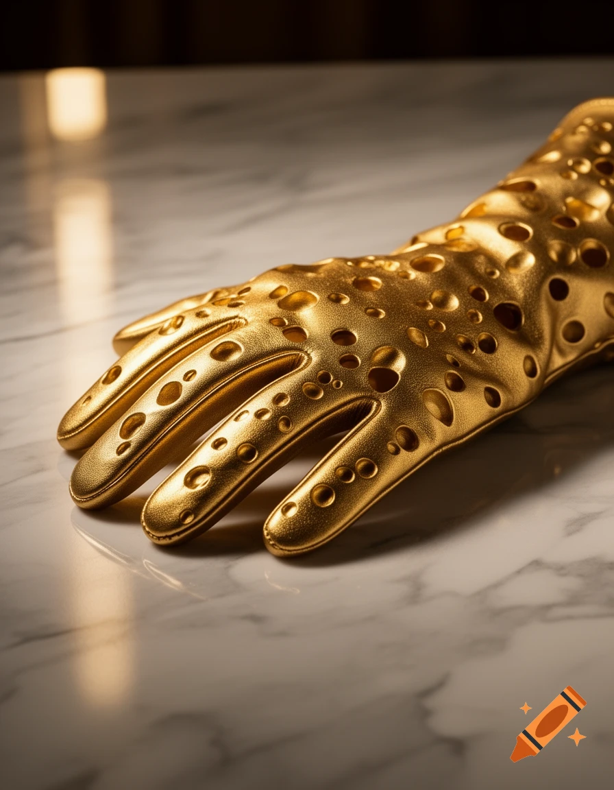 A photorealistic golden glove with Swiss cheese-like holes rests on a marble surface.