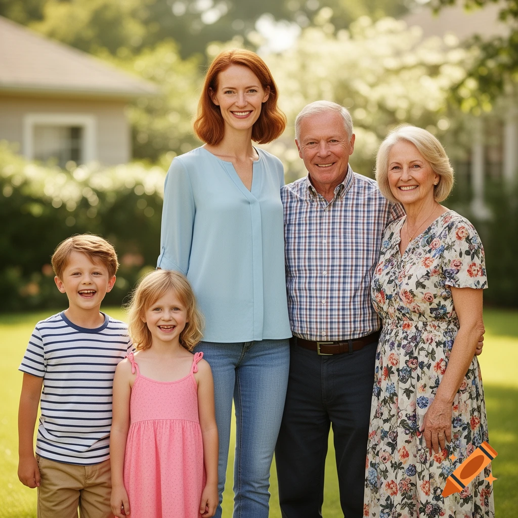 A multi-generational family, including two adults, two children, and an elderly couple, smiles at the camera in a sunny backyard.