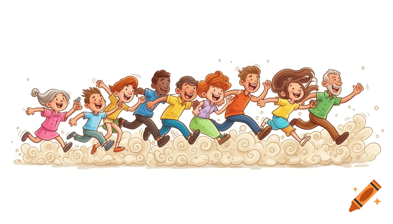 A diverse cartoon group of smiling people of all ages running from left to right, kicking up dust.