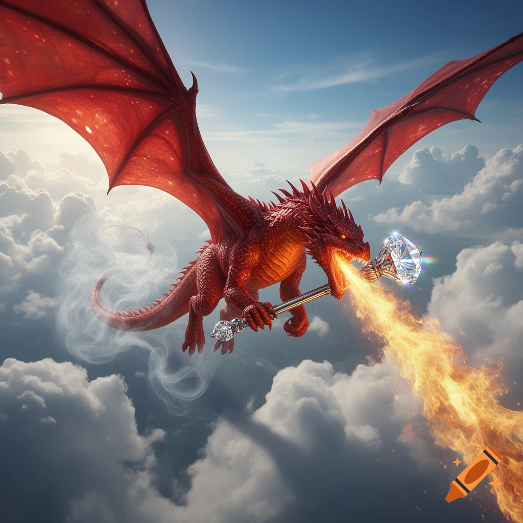 A majestic red dragon with large wings flies through a cloudy blue sky, breathing fire while holding a diamond-encrusted scepter.