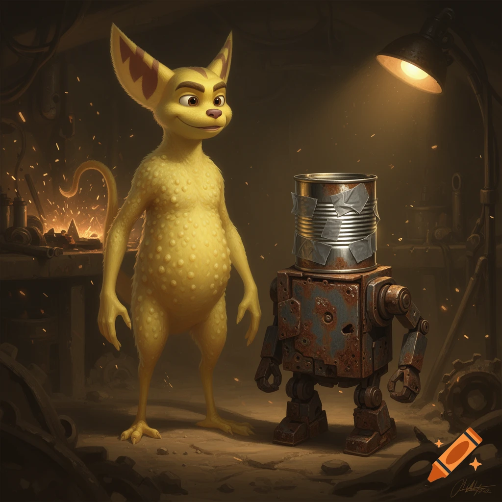 A yellow, bumpy, anthropomorphic creature stands next to a rusty robot with a tin can head in a dim workshop, lit by a desk lamp.