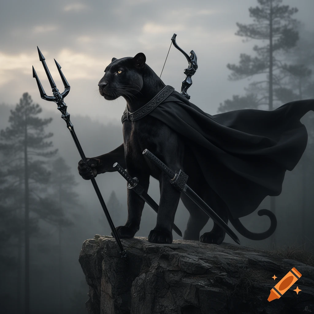 A majestic black panther warrior in a black cape, holding a trident, with two katanas and a recurve bow, stands on a misty cliff.