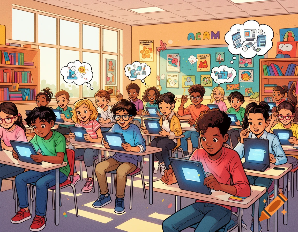 A colorful comic illustration of a diverse group of elementary school children sitting at desks in a classroom, all focused on using their tablets.