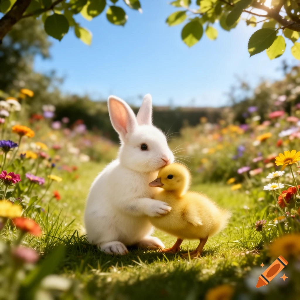 A cute white bunny gently hugs a yellow duckling in a sunny meadow filled with colorful wildflowers, photorealistic.