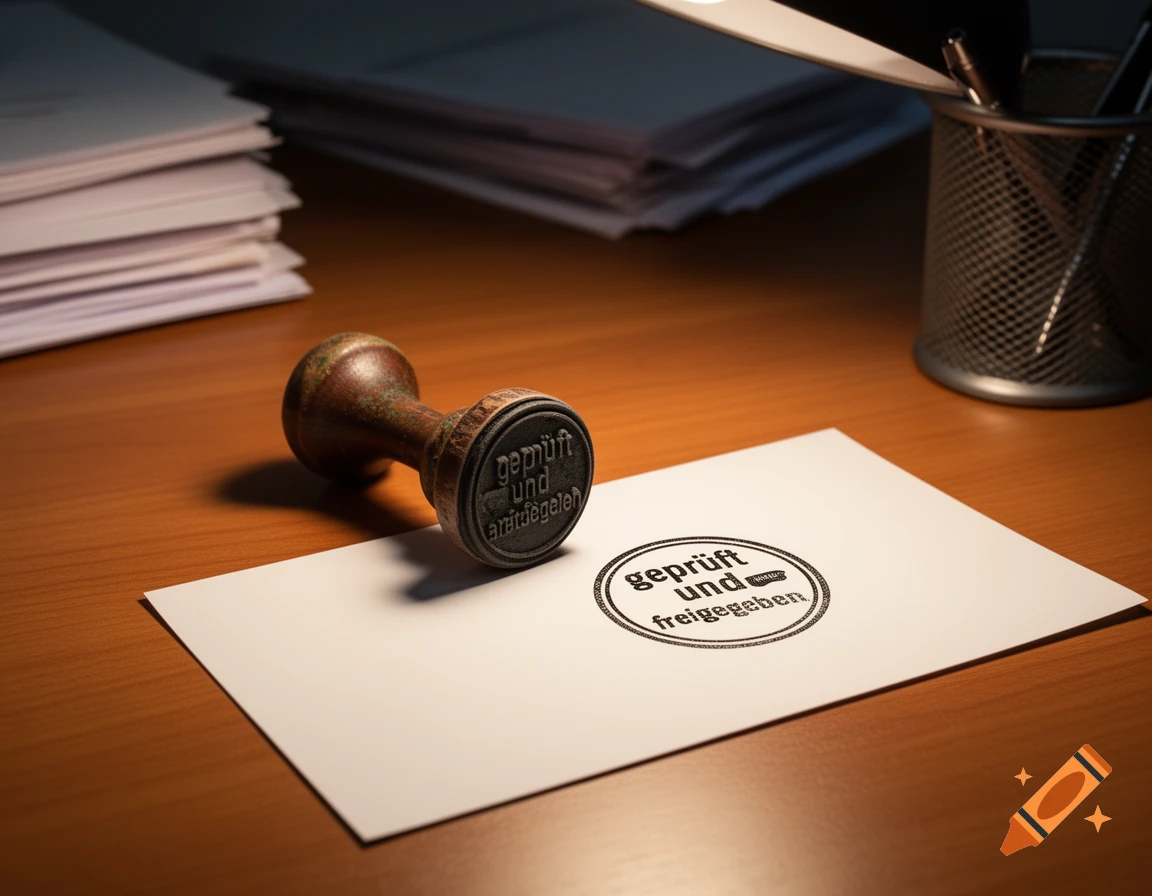 Photorealistic image of a wooden rubber stamp and a paper with 'geprüft und freigegeben' impression on a wooden desk.