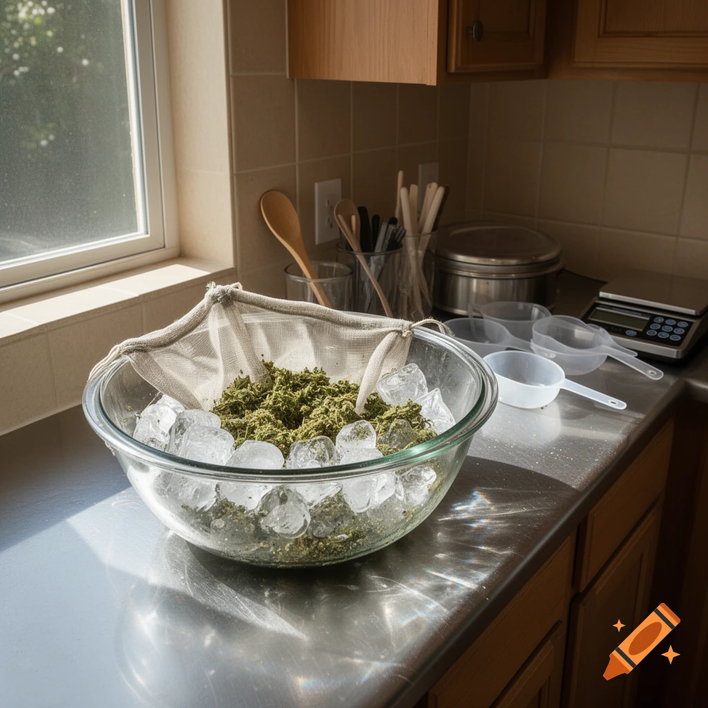 A clear glass bowl filled with green plant material and ice cubes, with a mesh bag, on a stainless steel kitchen counter.