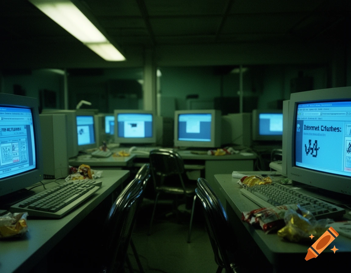 Dark and quiet internet cafe in the late 2000s, with rows of glowing CRT monitors displaying garbled text, old keyboards, and snack wrappers on desks.