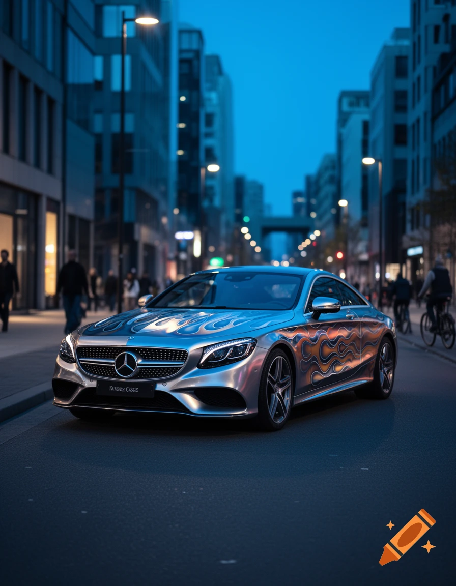 A silver Mercedes-Benz coupe with orange and blue flame decals parked on a city street at dusk.