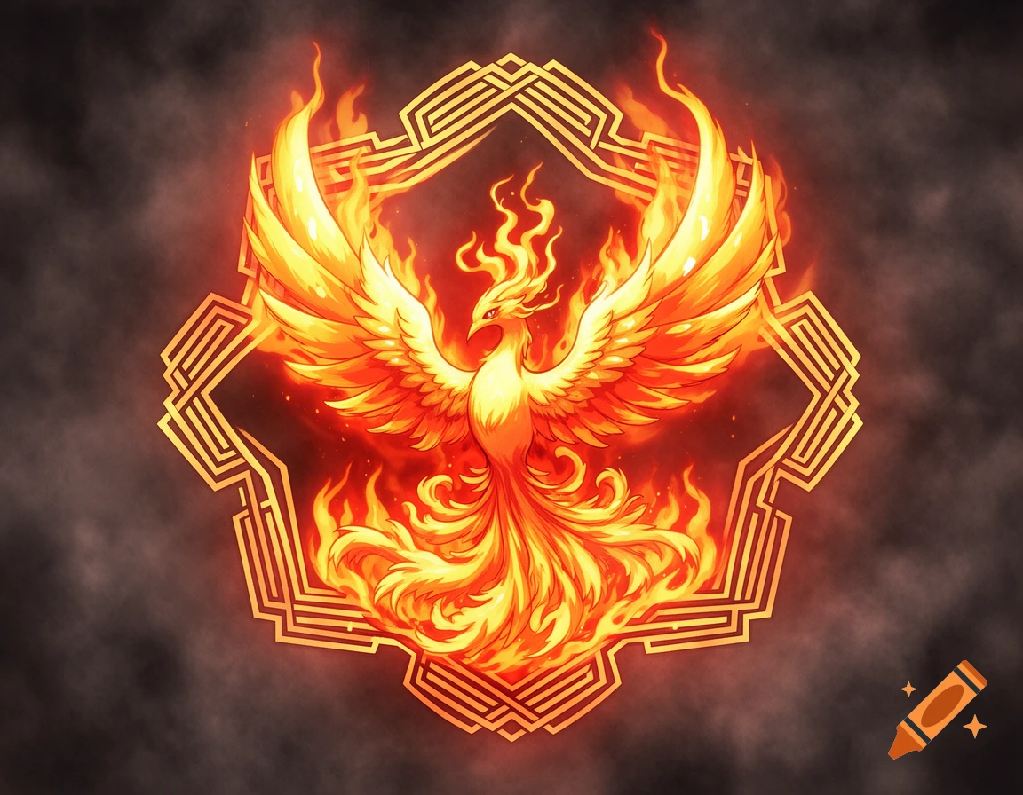 A vibrant fiery phoenix with outstretched wings, enclosed within an ornate golden geometric frame against a smoky dark background.