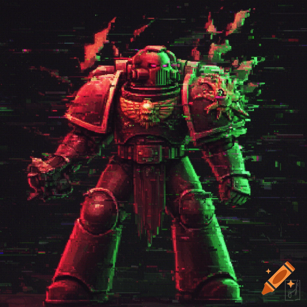 A pixelated glitch art depiction of a heavily armored Chaos Space Marine, glowing with red and green light against a dark background.
