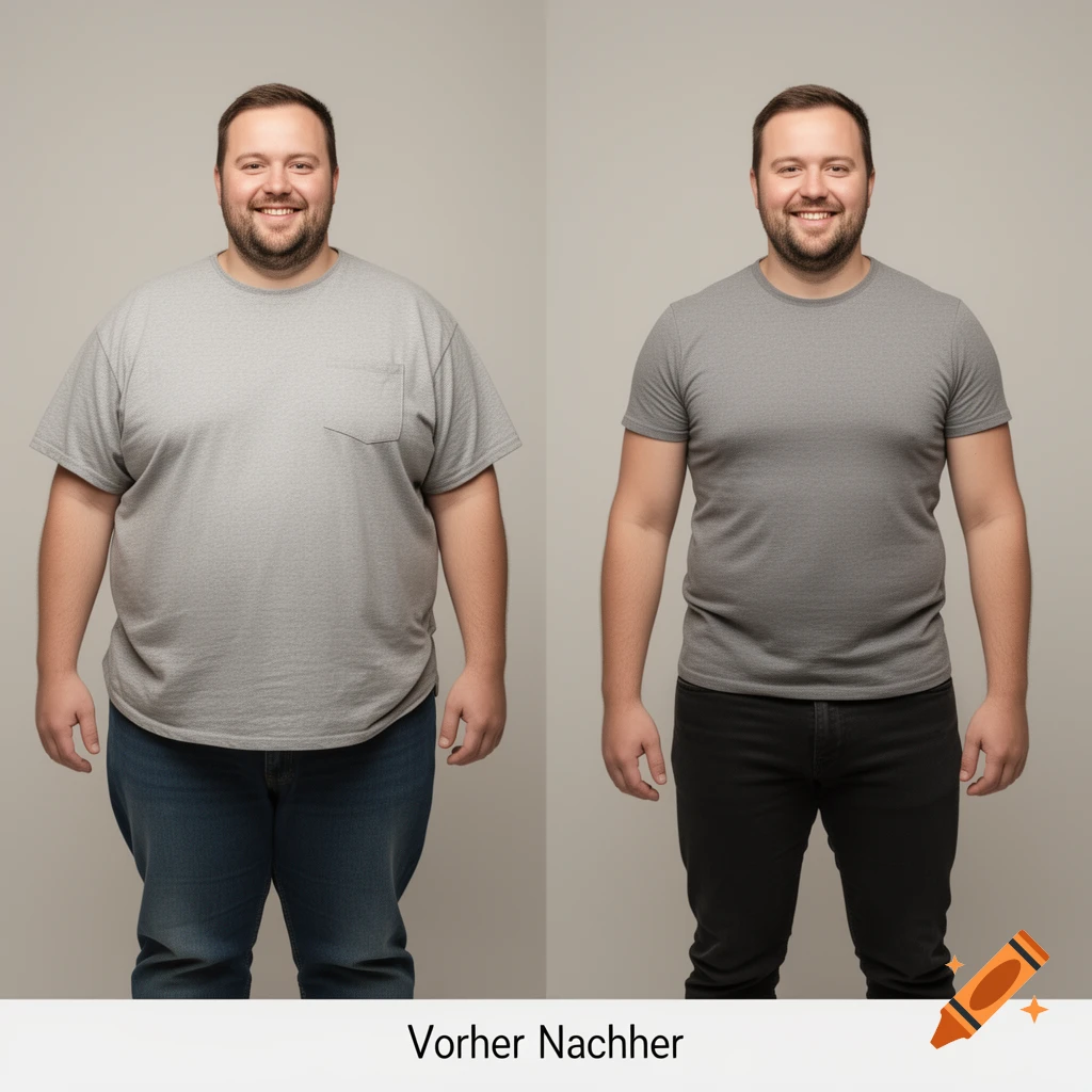 Side-by-side photo of a man before and after weight loss, smiling in a gray t-shirt and jeans.