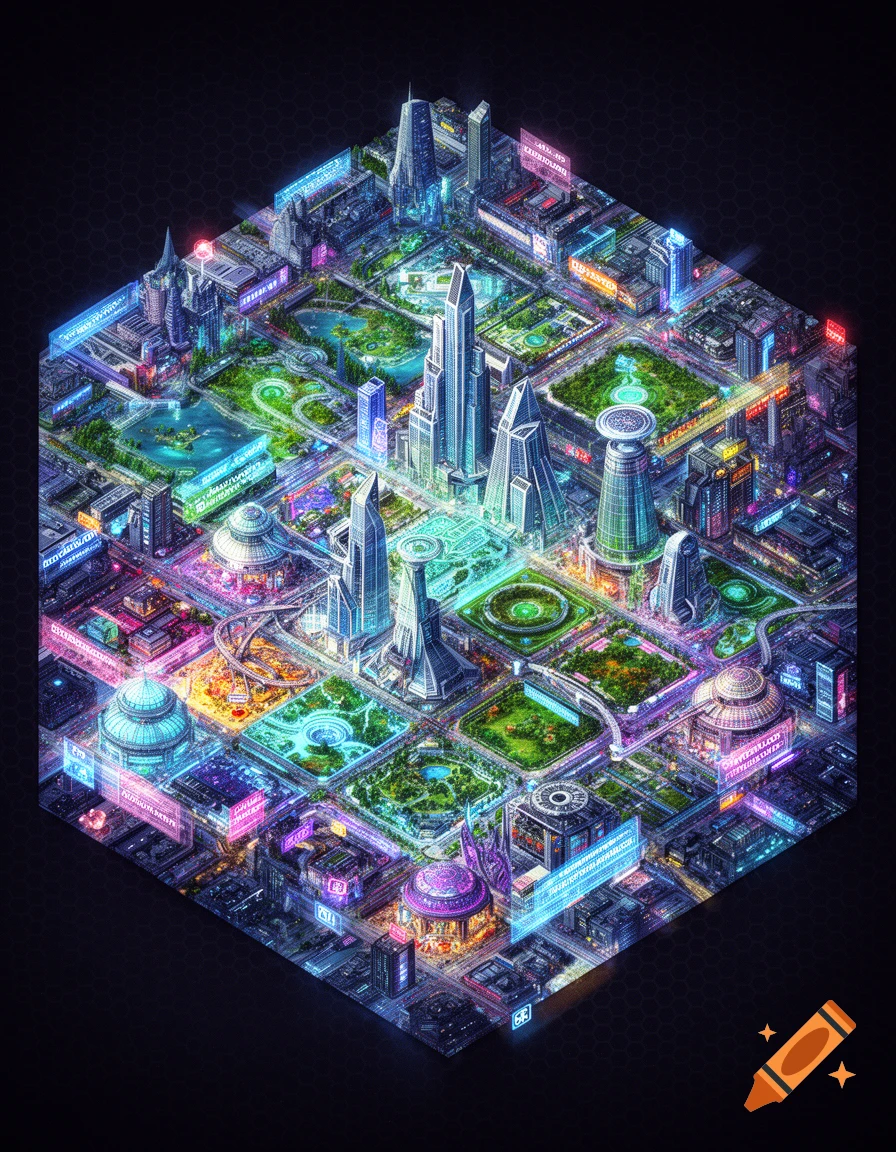 An isometric, top-down view of a futuristic hex sci-fi city map with glowing buildings, green parks, and intricate pathways.