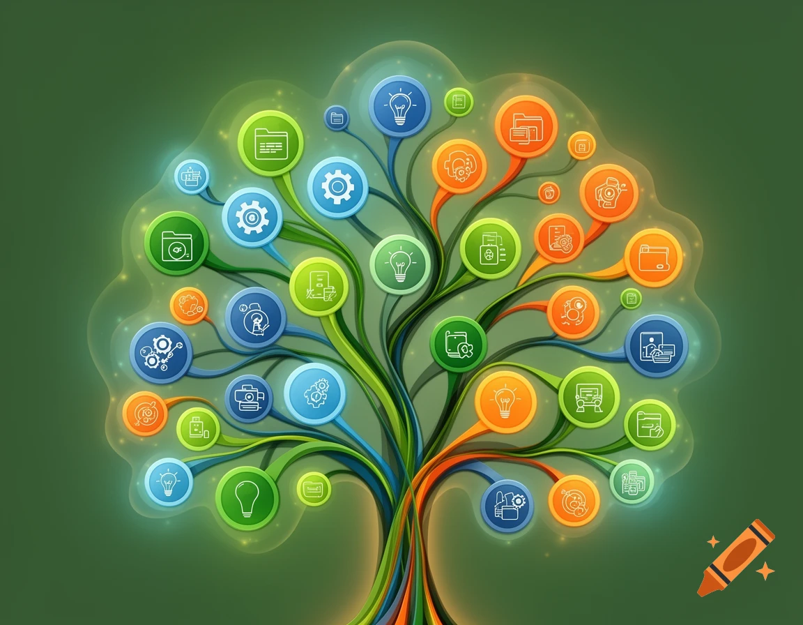 Stylized tree infographic with branches leading to colorful circles containing technology, business, and idea icons on a green background.