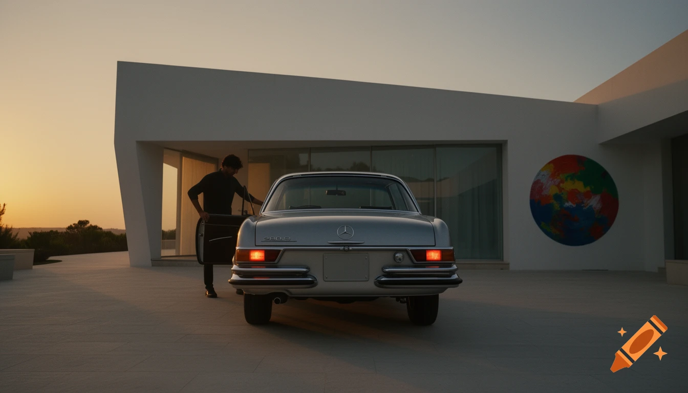 A person opening the door of a silver vintage Mercedes 280 S coupe parked in front of a modern white villa with a colorful circular painting on the wall, at sunset.