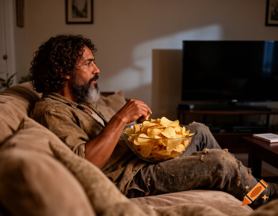 A man with curly hair and a beard lounges on a couch, eating chips from a large bowl while watching television in a dimly lit living room.