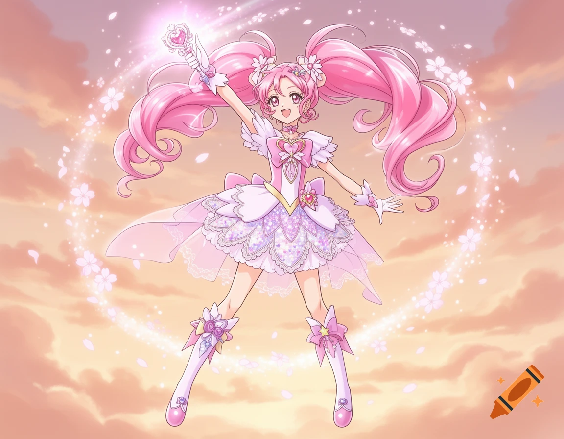 Anime magical girl with pink hair and dress holding a heart wand, surrounded by glowing cherry blossoms in a sky.
