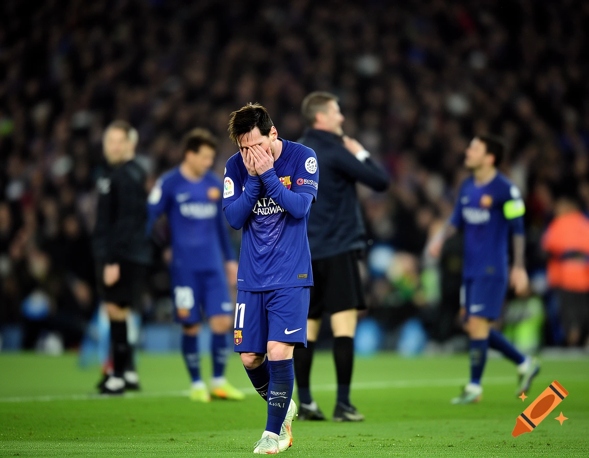Lionel Messi in a blue football jersey covering his face with his hands on a soccer field, appearing dejected after being substituted.