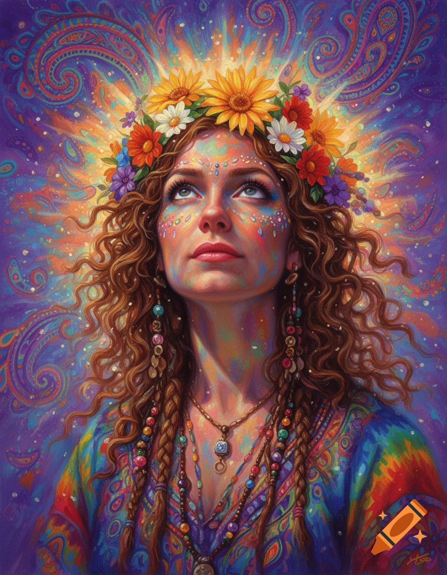Psychedelic painting of a woman with a flower crown, colorful makeup, and beaded jewelry, looking up with a glowing halo.