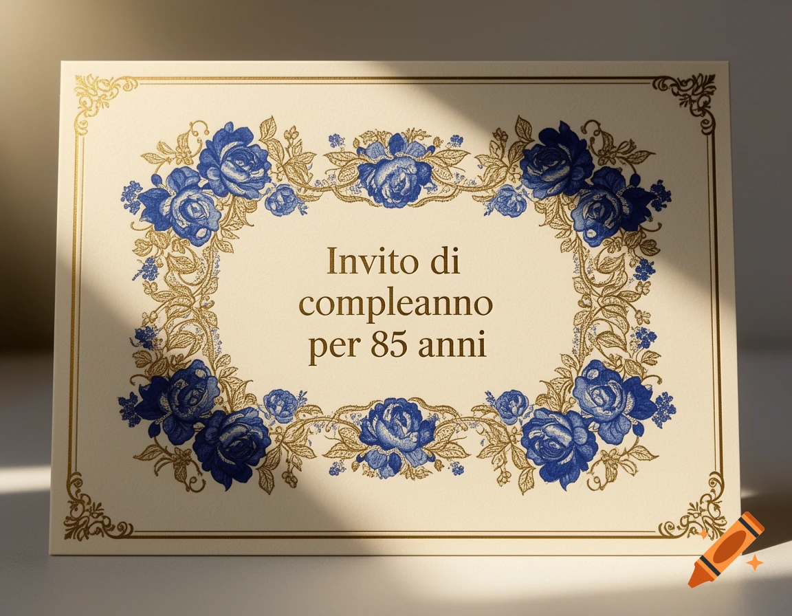 A cream-colored birthday invitation card with gold intricate borders and a blue and gold floral wreath around the centered text 'Invito di compleanno per 85 anni'.