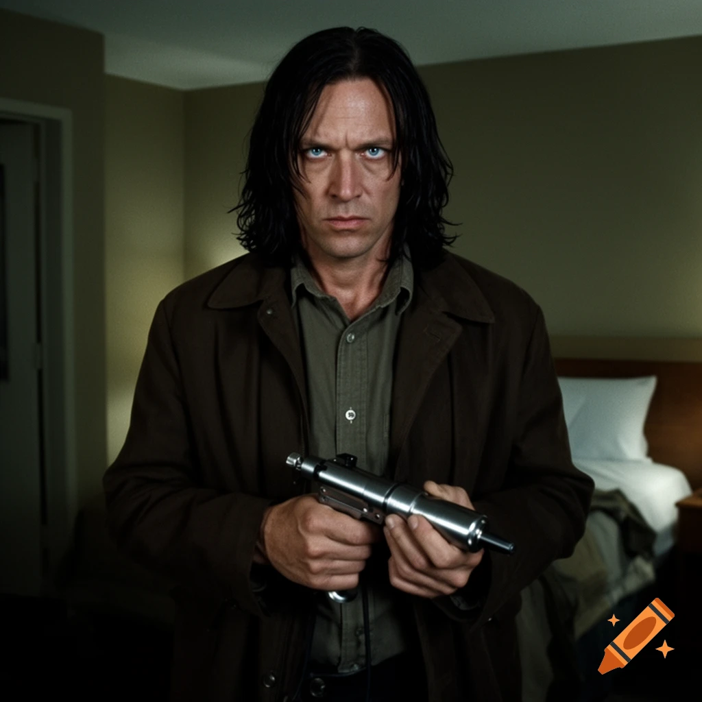 A serious man with long dark hair and blue eyes, wearing a brown jacket, holds a silver submachine gun. Photorealistic.