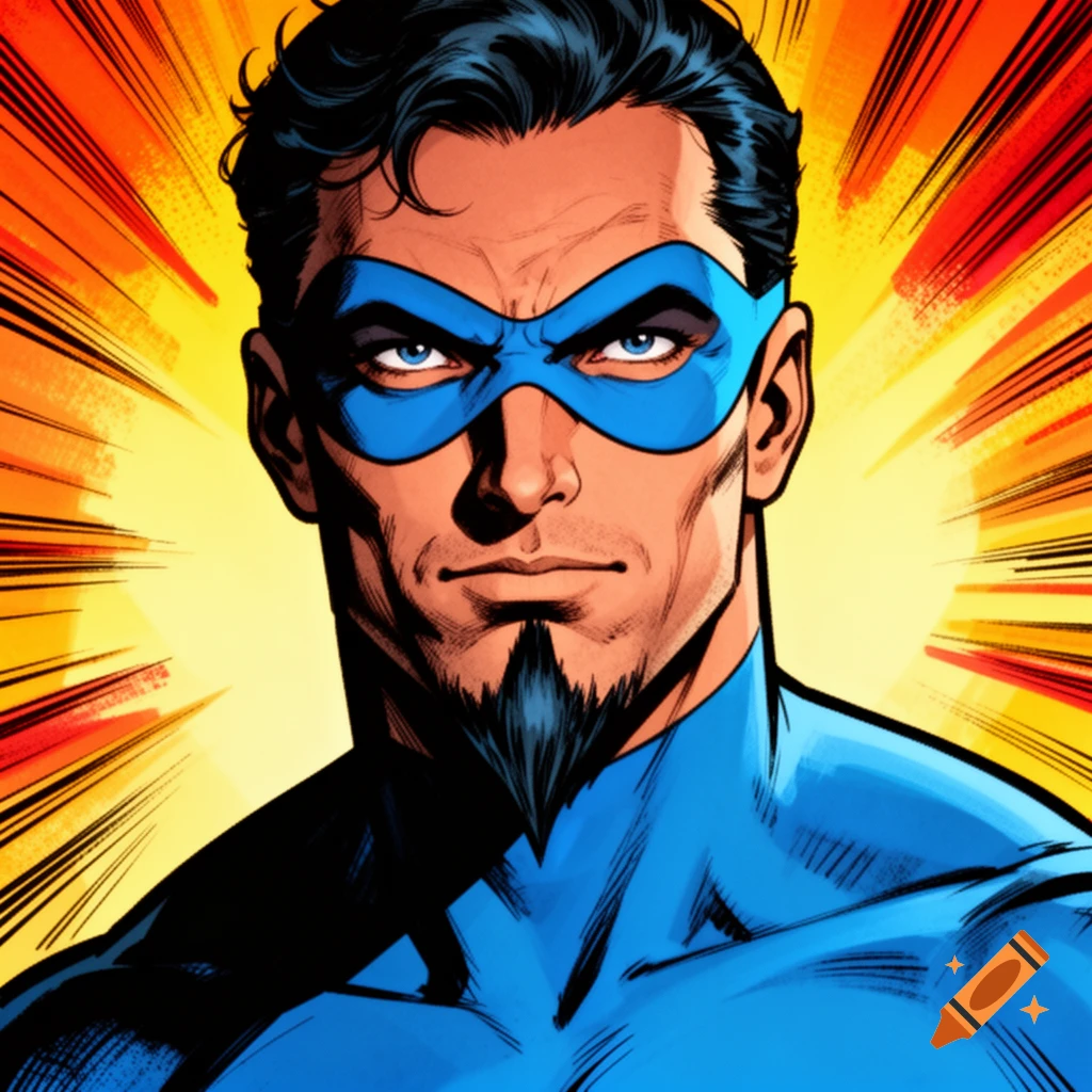 Comic book style portrait of a man with a pointed goatee and blue domino mask, against a yellow and red burst background.