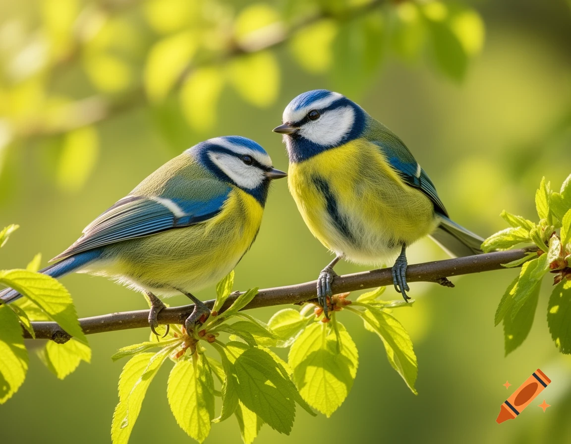 Two blue and yellow birds, possibly blue tits, perch on a leafy branch against a bright green, blurry background.