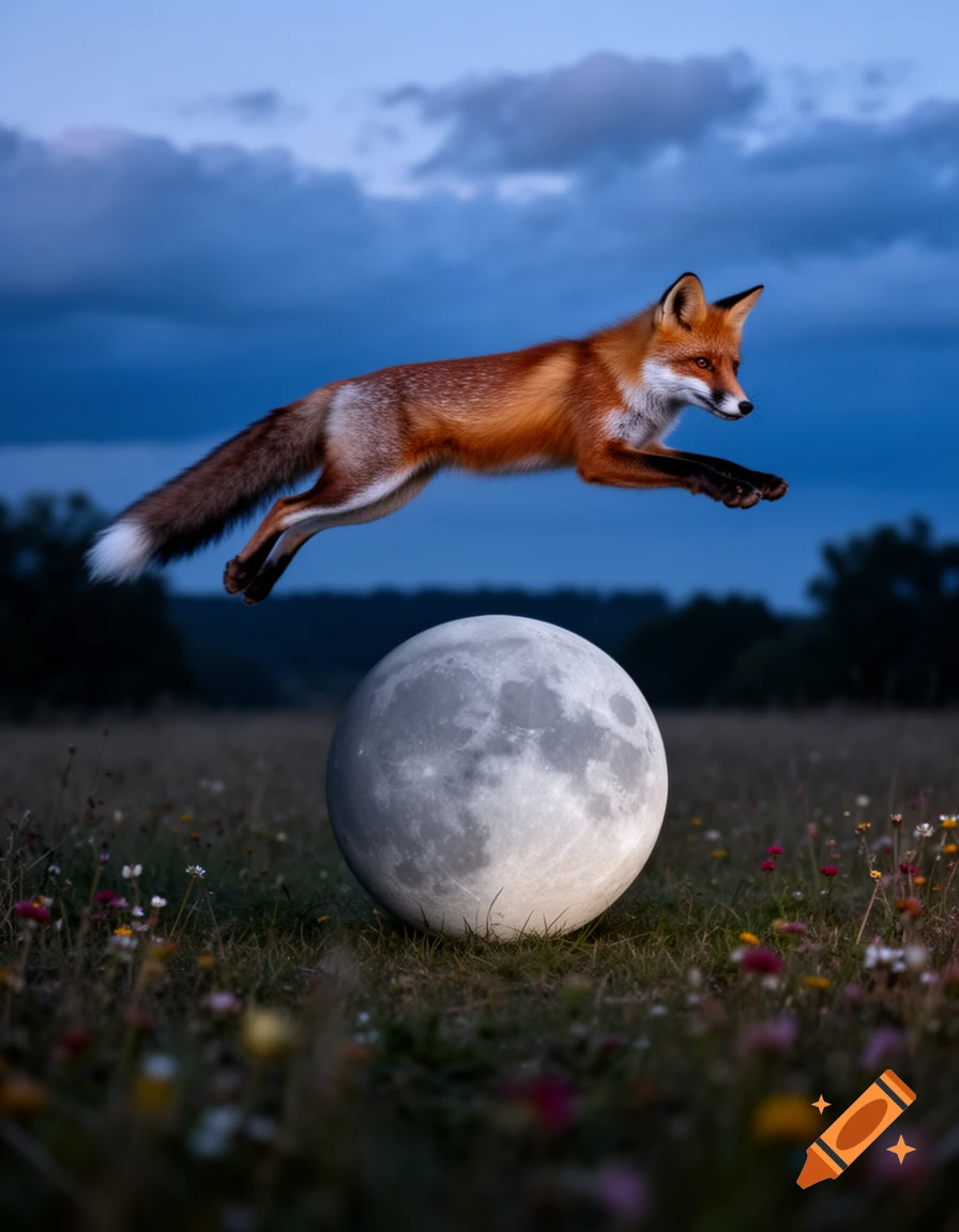 A red fox leaps over a giant, glowing moon in a wildflower field under a twilight sky.