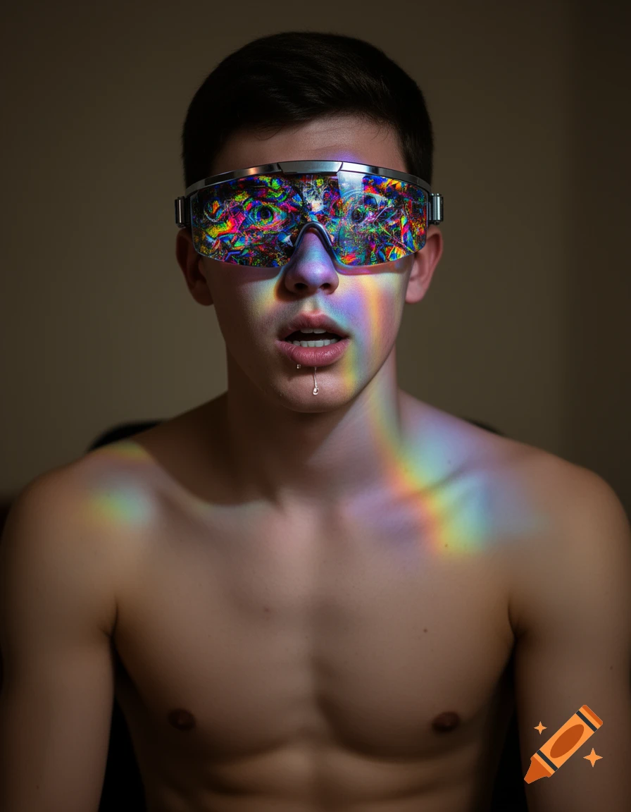 A shirtless, drooling man with short dark hair wears a futuristic visor reflecting chaotic, colorful patterns, with rainbow light on his face and chest.