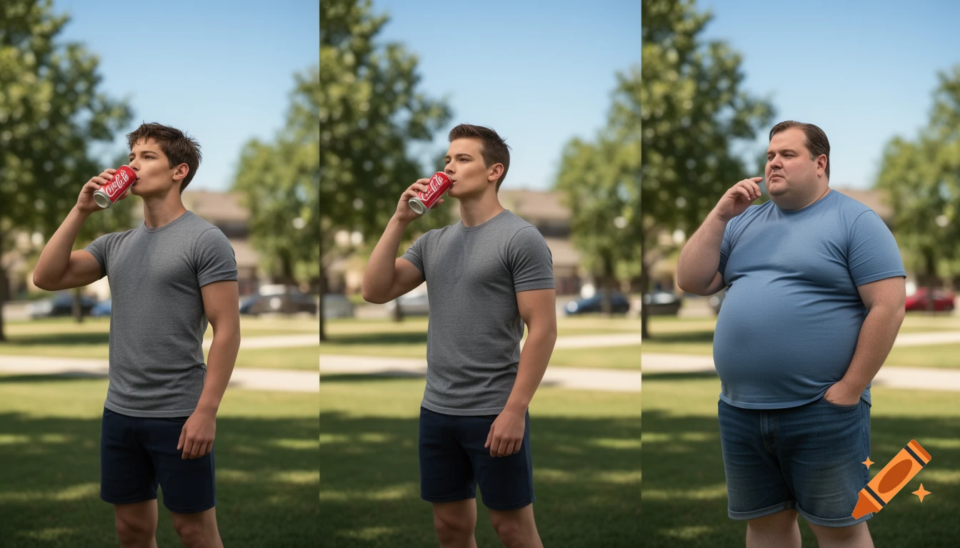 Photorealistic image of a fit young man drinking soda outdoors, followed by a heavy-set man in a park.