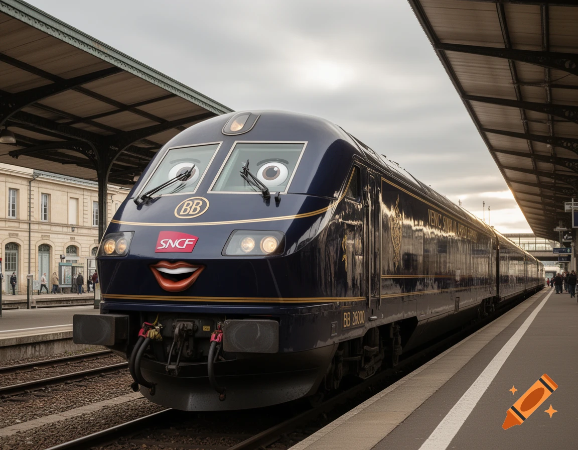 A dark blue train with cartoon eyes and a red smile, featuring SNCF and Venice Simplon Orient Express livery, sits at a train station.