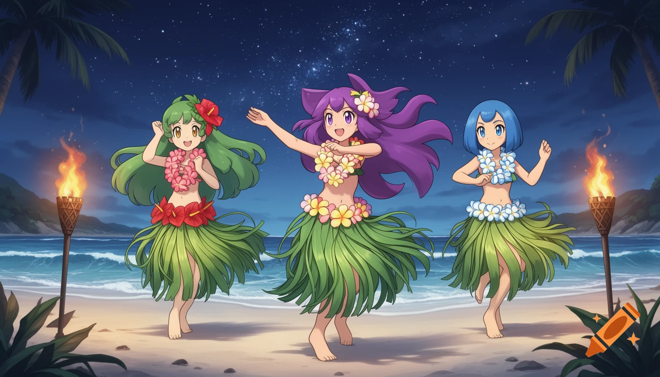 Anime characters Mallow, Iris, Lana from Pokemon hula dance on a starry tropical beach with tiki torches.