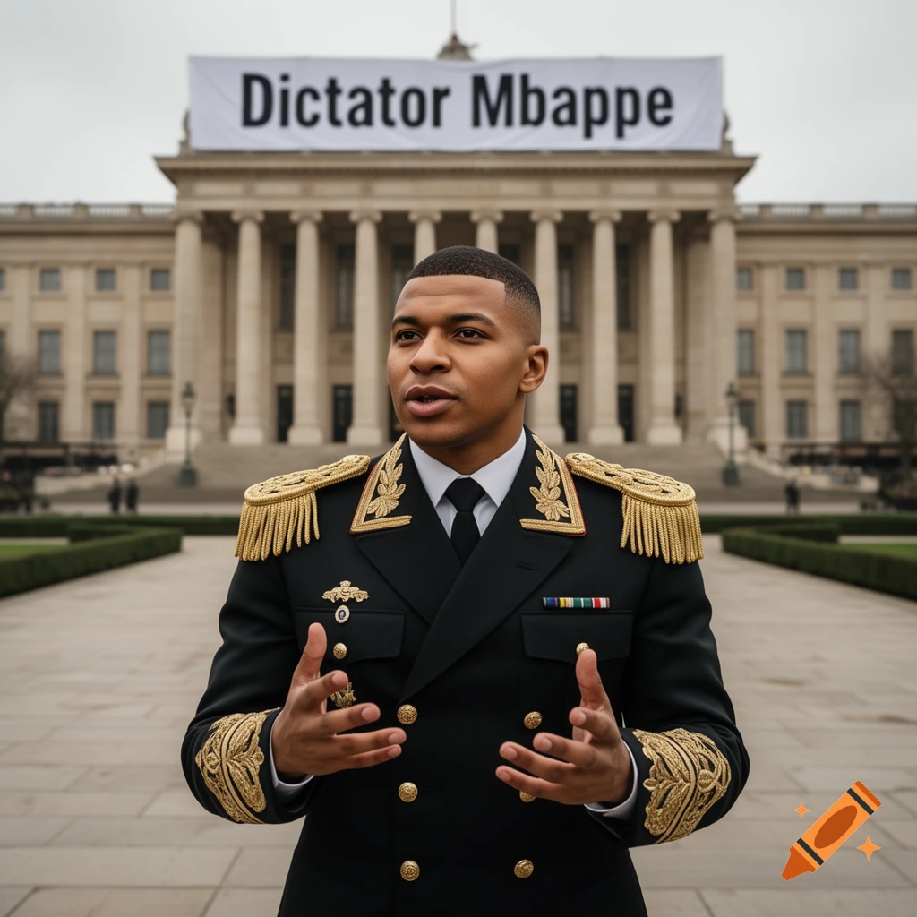 Kylian Mbapp Y is in a military uniform gesturing in front of a grand building with a 'Dictator Mbappe' banner, photorealistic.