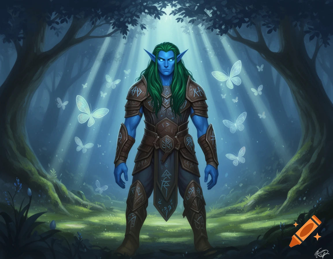 A blue-skinned, green-haired elf in ornate armor stands in a sun-dappled forest with glowing butterflies.