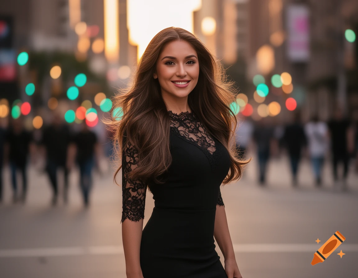 Photorealistic portrait of a smiling woman with long brown hair in a ...