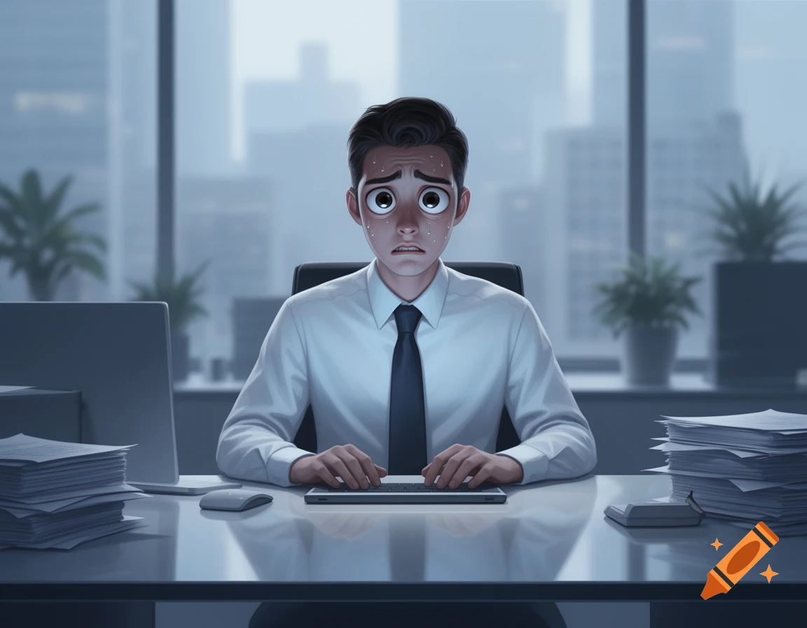 Cartoon man, an office worker with big eyes and a dark tie, sweats nervously at his desk in front of a computer.