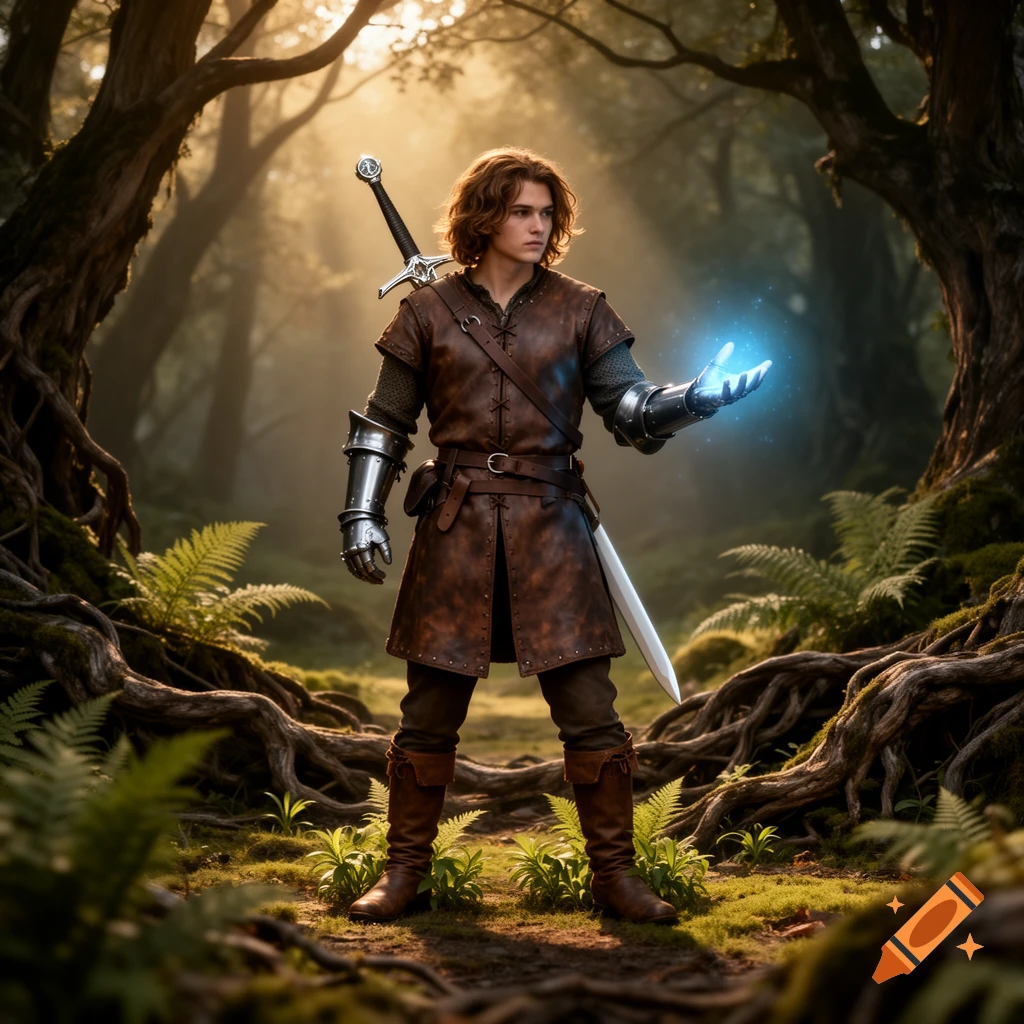 A young male adventurer in leather and chainmail armor, with a sword on his back and glowing blue magic in his open hand, stands in a mystical sunlit forest with tangled roots.