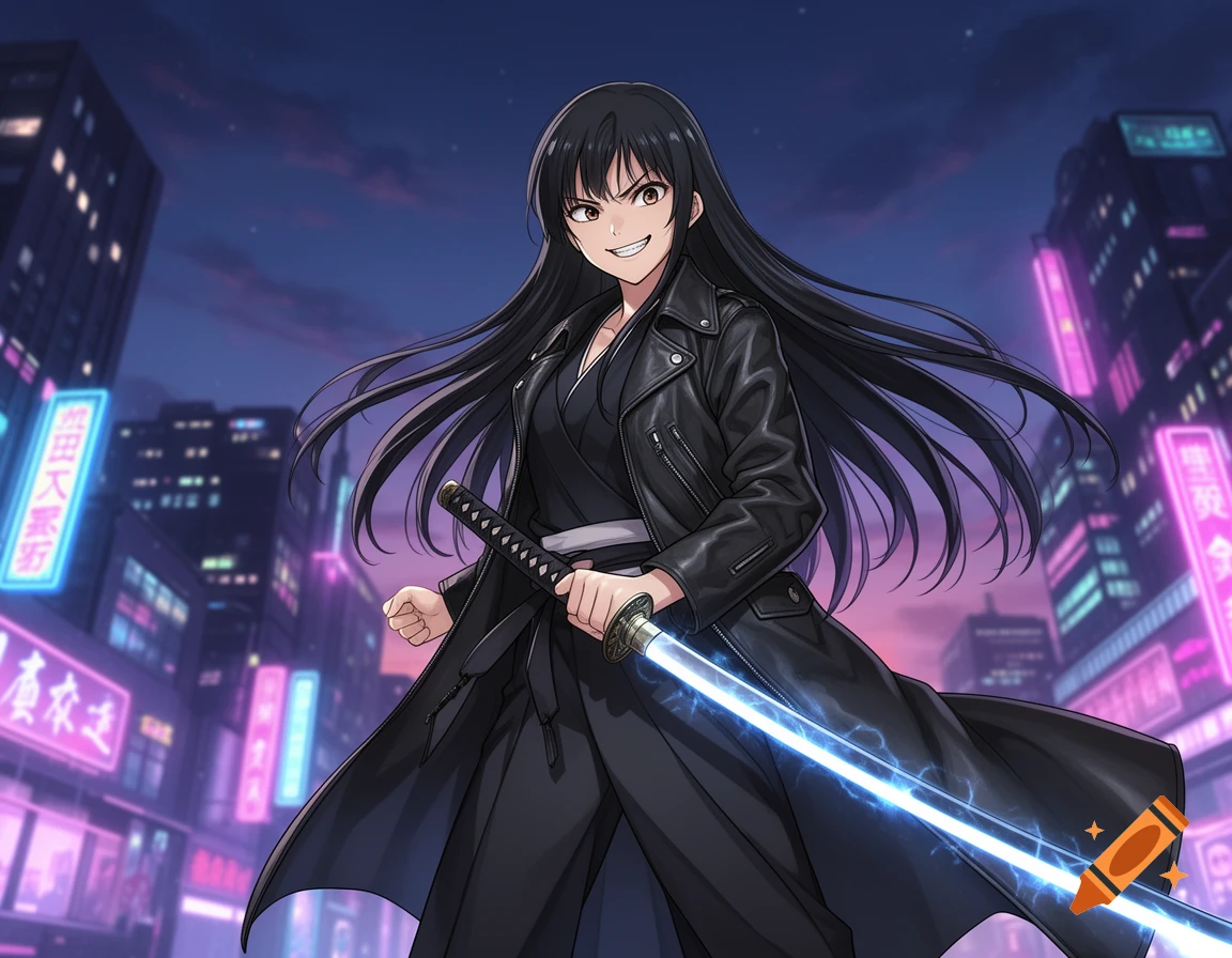 Anime-style young woman with long black hair, a smirk, and a black leather jacket, holding a glowing katana in a neon-lit cyberpunk city.