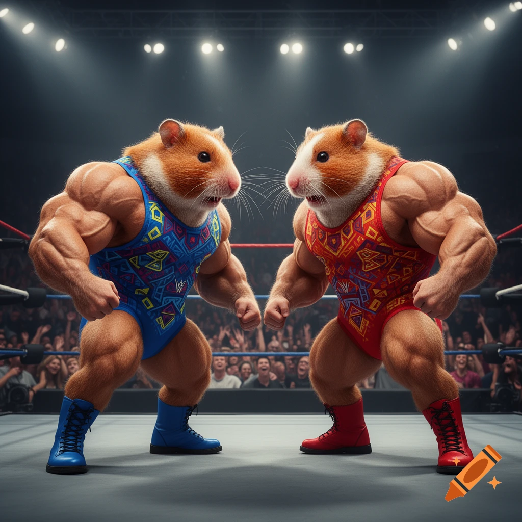 Two muscular hamsters in blue and red wrestling outfits face each other in a wrestling ring, ready to compete, in a photorealistic style.
